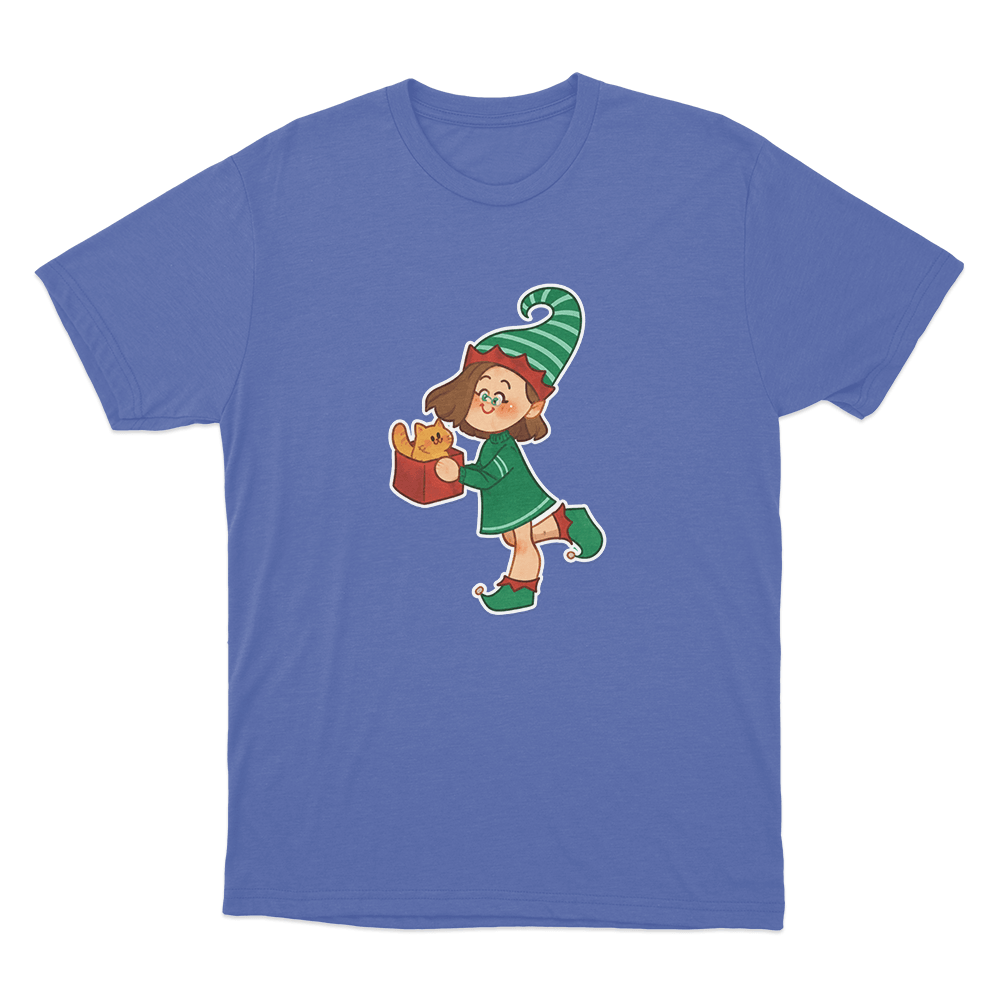 Christmas Elf Cat Present Unisex T Shirt Blue Christmas Elf Cat Present Unisex T Shirt Blue