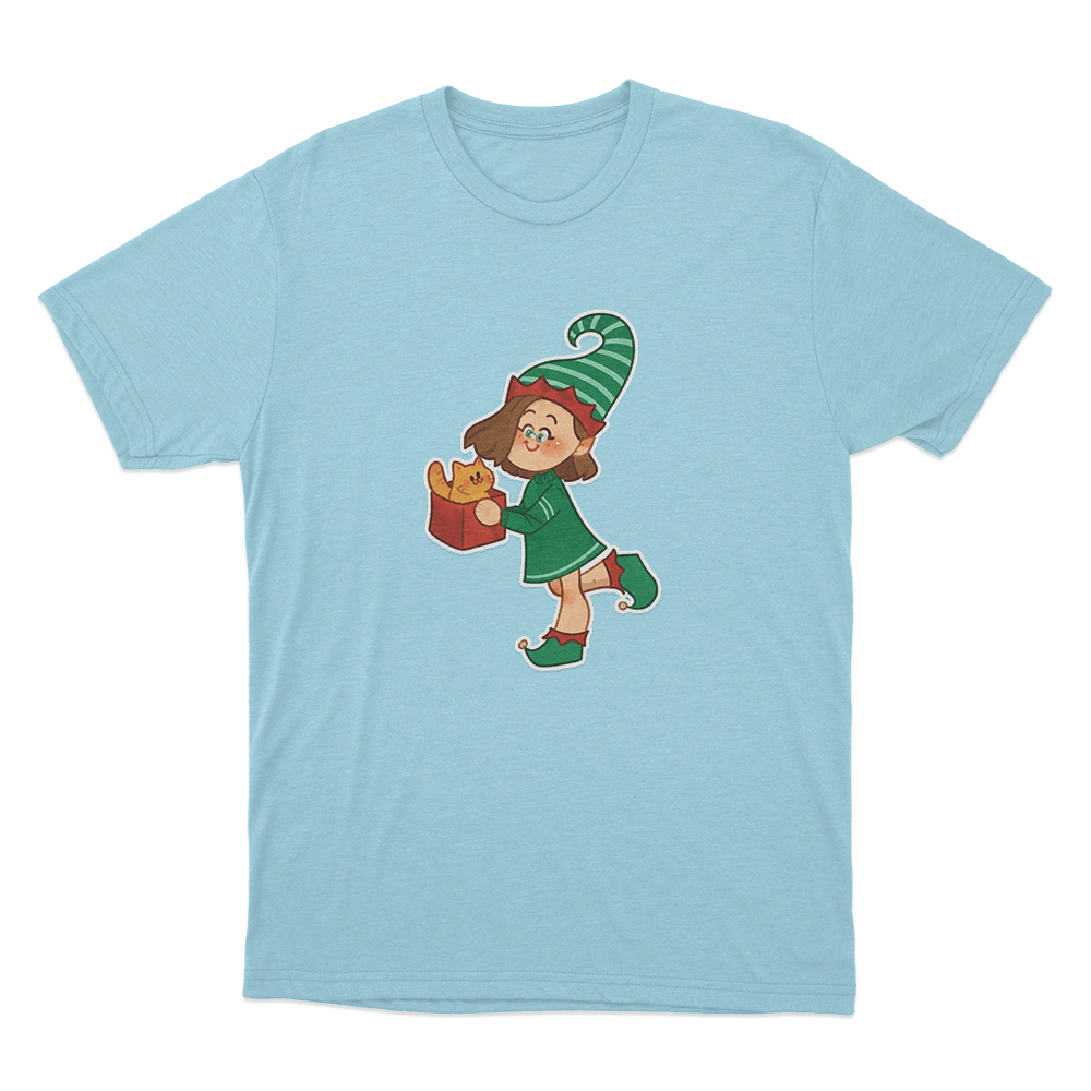 Christmas Elf Cat Present Unisex T Shirt Sky Blue Christmas Elf Cat Present Unisex T Shirt Sky Blue