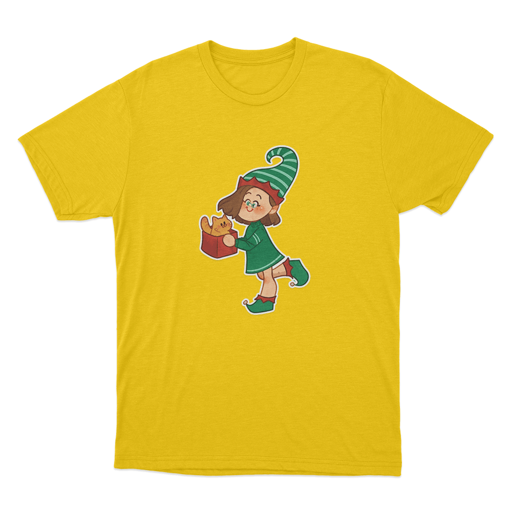 Christmas Elf Cat Present Unisex T Shirt Yellow Christmas Elf Cat Present Unisex T Shirt Yellow